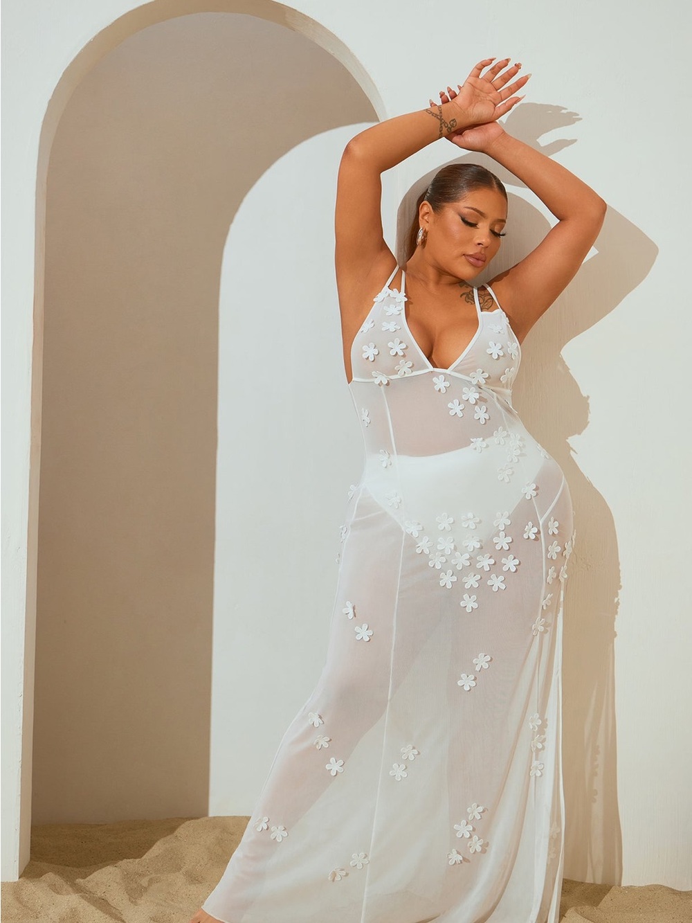 Fashion Nova White Sheer Floral Appliqué Swim Coverup